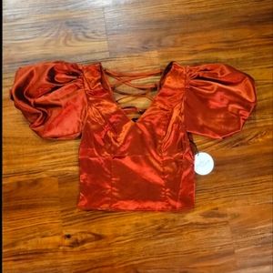 Milk & Honey Burnt Ruzt Orange Silk Puff-Sleeve Tie Back Crop Top